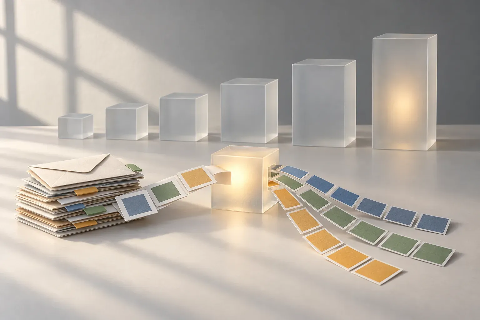 Una pila de correos que pasa por un pequeño cubo iluminado y sale clasificada en etiquetas de colores, con cubos más grandes al fondo