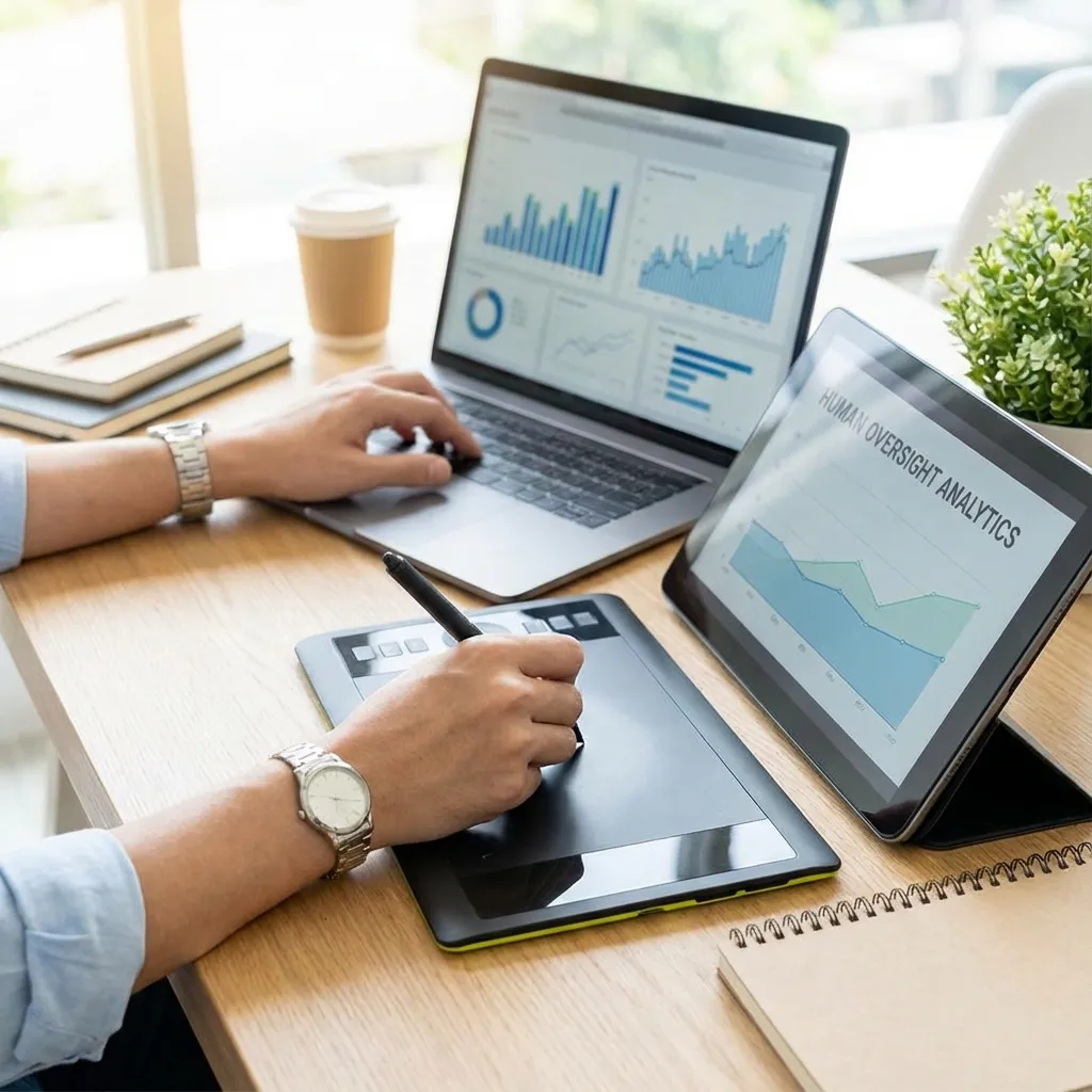 Un espacio de trabajo profesional que muestra las manos de una persona interactuando con una computadora portátil y una tableta en un escritorio limpio y moderno.