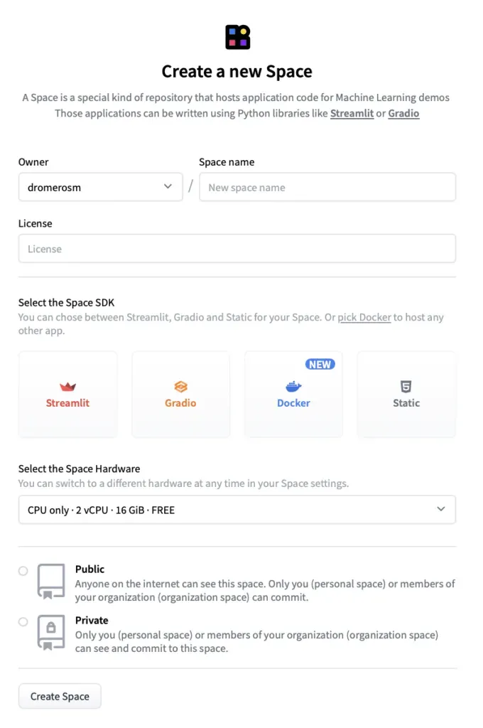 Formulario de nuevo Space