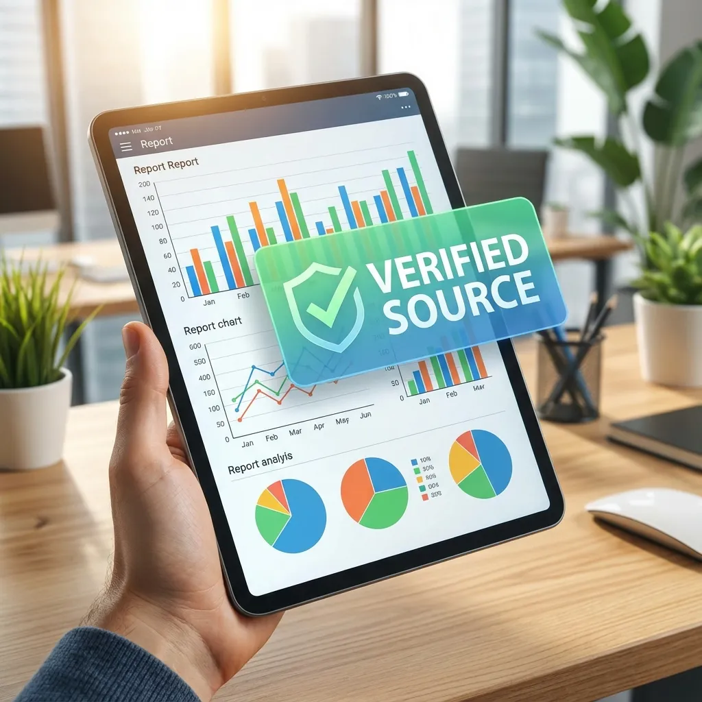 Una mano sosteniendo una tableta moderna que muestra un informe pulido con gráficos coloridos.